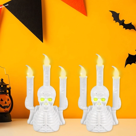 Candelabro de Esqueleto LED de Halloween Soporte de Vela Calavera de Plástico Luz de Vela Electrónica Para Decoración De Mesa Bar Fiesta