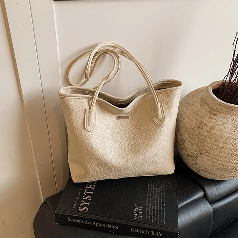 Women Large Capacity PU Leather Tote Bag Litchi Grain Minimalist Shoulder Bag Solid Color Casual Handbag For Work Daily Commute