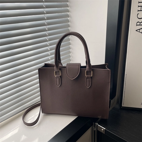 Sac à Épaule pour Femmes en Cuir PU Motif Litchi Vintage Minimaliste Sac à Bandoulière de Navette avec Boucle en Métal