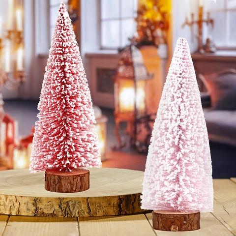 Mini Frosted Christmas Tree With Natural Wood Base Pine Needle Snow Flocked Tabletop Xmas Tree Holiday Party Decor Ornament