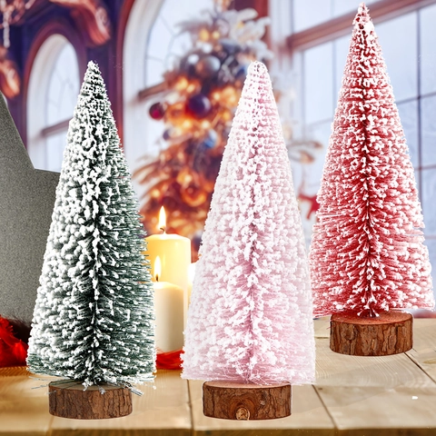 Mini Snow Sprayed Christmas Tree Desktop Decoration Flocked Pine Tree With Wood Base For Holiday Home Office Party Decor Artificial Tabletop Cedar Ornament