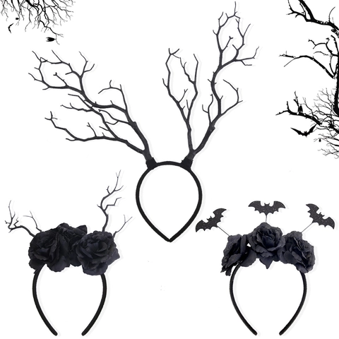 Halloween Gothic Donkere Roos Hoofdband Verdorre Tak Gewei Haarreif Vleermuis Glitter Kostuum Feest Accessoire Vrouwen Kinderen