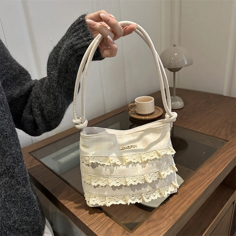 Borsa A Spalla Da Donna Pizzo Volant Motivo A Scacchi Pelle PU Borsa Sottoascellare Elegante Stile Dolce