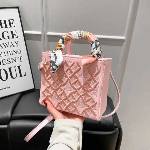Sac À Main Pour Femmes En Cuir PU Gaufré Sac À Bandoulière Carré Élégant Avec Décoration De Poignée En Foulard De Satin