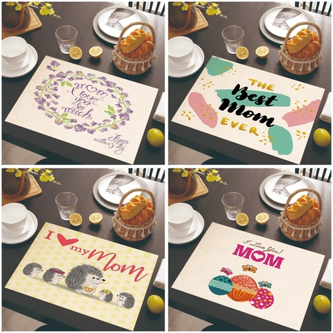 Mother's Day Linen Blend Placemat Floral Lettering Heat Resistant Table Mat Kitchen Dining Room Decorative Place Mats