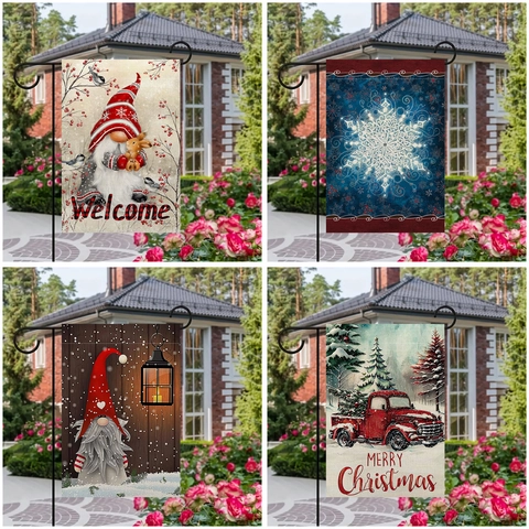 Christmas Garden Flag Double Sided Linen Outdoor Yard Vertical Hanging Banner Festive Gnome Red Truck Snowflake Pattern Decor