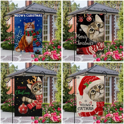 Weihnachten Katze Gartenflagge Doppelseitig Leinen Jute Outdoor Yard Deko Banner Festlich Feiertag Heim Dekoration