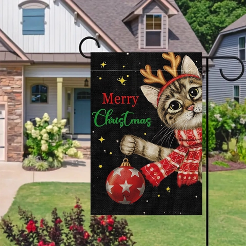 Weihnachten Katze Gartenflagge Doppelseitig Leinen Jute Outdoor Yard Deko Banner Festlich Feiertag Heim Dekoration