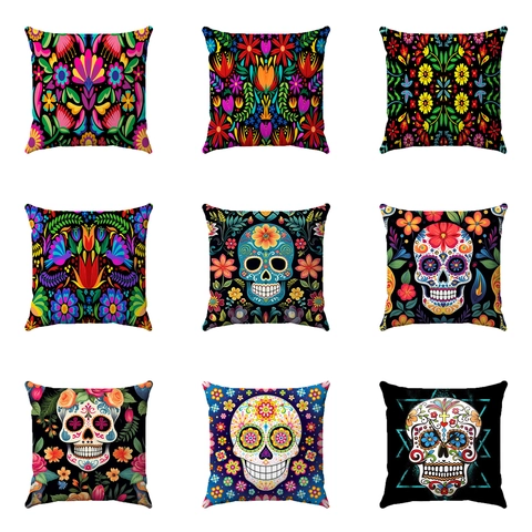 Mexikanischer Stil Zucker Totenkopf Blumenmuster Kurzplüsch Dekokissenbezug Für Sofa Wohnzimmer Tag Der Toten Home Decor Kissenbezug