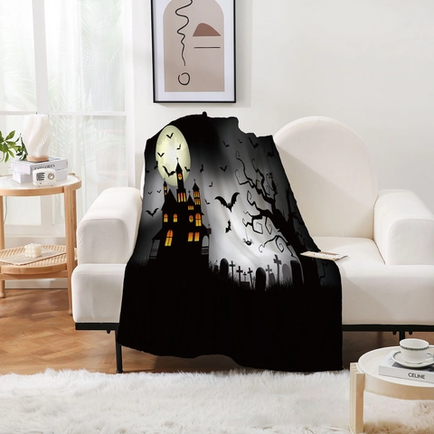 Φλανελένια Κουβέρτα με Τυπωμένο Halloween Τρομακτικό Κάστρο Κολοκύθα Νυχτερίδα Μαλακή Ζεστή Φλις Κουβέρτα για Καναπέ Διακόσμηση