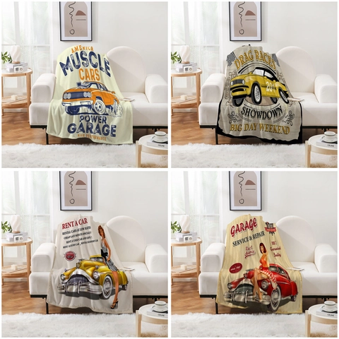 Vintage Amerikaanse Route 66 Flanellen Deken Klassieke Auto Print Zachte Decoratieve Bank Deken Voor Woonkamer Slaapkamer