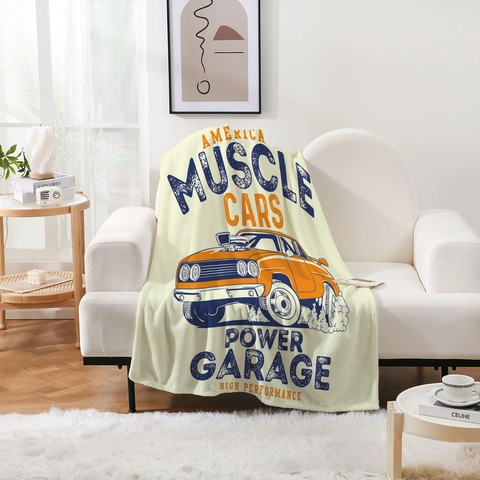 Vintage Amerikaanse Route 66 Flanellen Deken Klassieke Auto Print Zachte Decoratieve Bank Deken Voor Woonkamer Slaapkamer