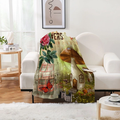 Vintage Floral Butterfly Flannel Blanket Decorative Sofa Throw Soft Fleece Tapestry Home Office Travel Warm Cozy Blanket