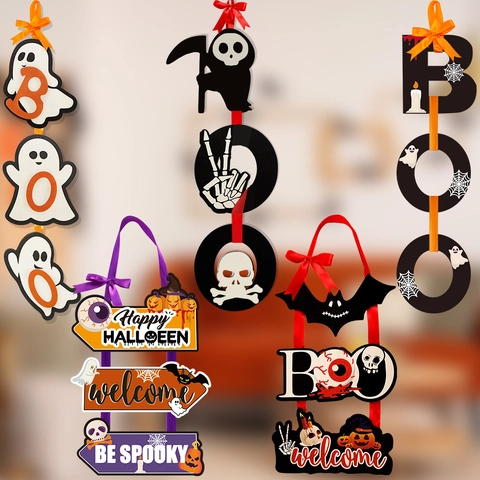 Halloween Boo Door Sign Wooden Hanging Decoration Spooky Ghost Pumpkin Bat Eyeball Printed Welcome Plaque For Party Home Decor