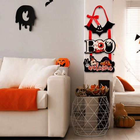 Halloween Wooden Door Sign Hanging Decor Spooky Ghost Pumpkin Bat Welcome Boo Wall Plaque For Home Party Spooky Ornament
