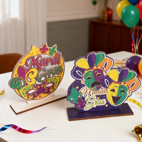 Decorazione da Tavolo in Legno Mardi Gras Festivo Viola Verde Oro Maschera Stampata Lettera Ornamento da Scrivania Insegna Festa