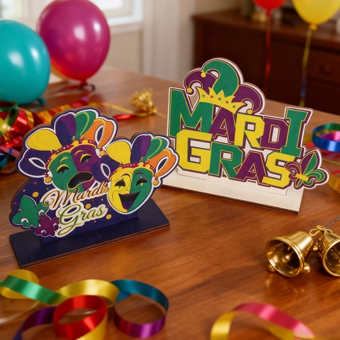 Mardi Gras Décorations de Table en Bois Violet Or Vert Carnaval Masque Lettre Panneau pour Festival Fête Ornement Centre de Table
