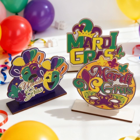 Mardi Gras Holz Tischdeko Festliche Karneval Party Dekoration Maske Buchstaben Kunstschild Lila Grün Gold Tischschmuck