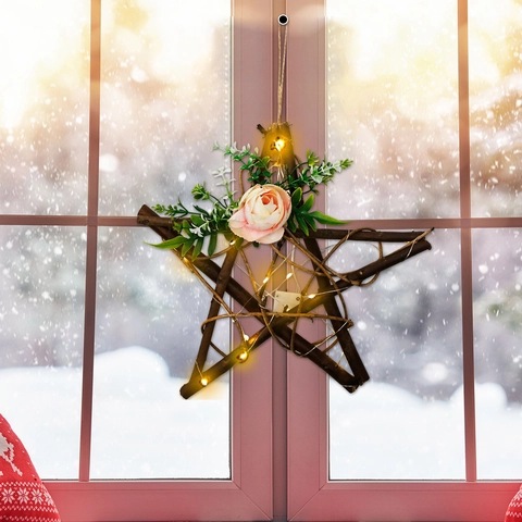 Decorazione Natalizia Sospesa In Rami Di Legno Con Rosa Artificiale E Fiocco Di Lino Stella Albero Per Festa