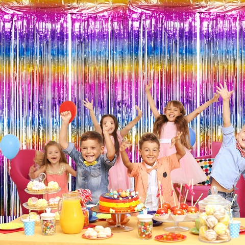 Tenda Con Frange In Lamina Metallizzata Sfumata Arcobaleno Sfondo Con Stampa A Stelle Per Decorazione Di Feste Di Matrimonio