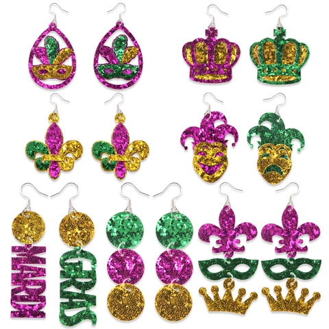 Mardi Gras Glitter Earrings Masquerade Mask Crown Fleur-de-lis Design Purple Green Gold Festive Party Women Jewelry