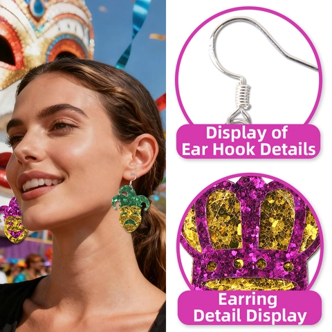 Mardi Gras Glitter Earrings Masquerade Mask Crown Fleur-de-lis Design Purple Green Gold Festive Party Women Jewelry