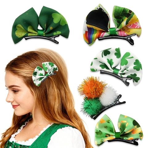 St Patricks Day Hair Clips Shamrock Ribbon Bow Hairpins Set Green Rainbow Pom Pom Hair Accessories Irish Holiday Gift Kids