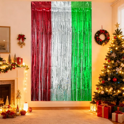 Tenda a Frange Natalizia Rosso Argento Verde Fondale in Lamina Metallica Striscione a Righe per Decorazione Eventi Festivi