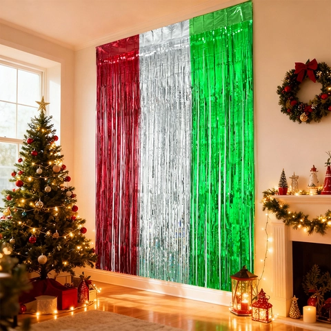Tenda a Frange di Natale Rosso Argento Verde a Righe Sfondo in Alluminio per Decorazioni Murali Feste di Capodanno