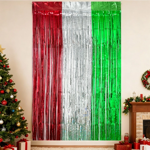 Tenda a Frange Natalizia Rosso Argento Verde Fondale in Lamina Metallica Striscione a Righe per Decorazione Eventi Festivi
