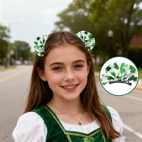 St Patricks Day Hair Clips Shamrock Ribbon Bow Hairpins Set Green Rainbow Pom Pom Hair Accessories Irish Holiday Gift Kids