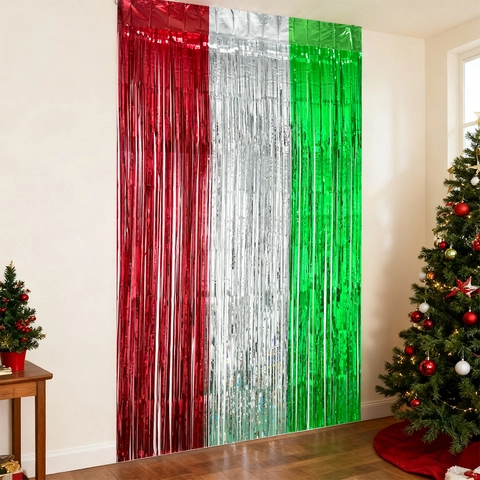 Tenda a Frange di Natale Rosso Argento Verde a Righe Sfondo in Alluminio per Decorazioni Murali Feste di Capodanno