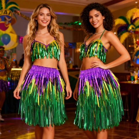 Gonna a Frange in Tinsel Metallizzato Mardi Gras Viola Oro Verde Festivo Carnevale Festa Danza Spettacolo Costume Donna