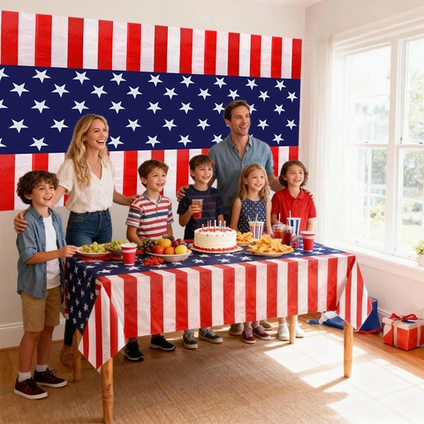 Tovaglia e Sfondo Bandiera Americana in Plastica PE Impermeabile Banner Stelle e Strisce per Decorazione Festa del 4 Luglio