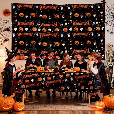 Mantel de Halloween con Calabaza y Calavera de Plástico PE Desechable Impermeable Decoración de Fiesta Accesorios de Escenario