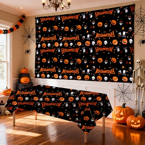 Halloween Tafelkleed Waterdicht Polyethyleen Tafelkleed Met Pompoen Geest Schedel Patroon Voor Feest Sfeer Decoratie