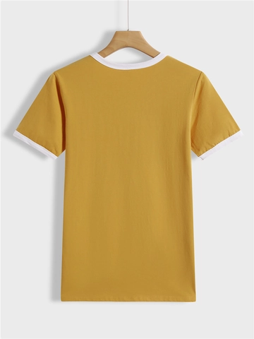 Women's Casual Yellow T-Shirt Daisy Flower Graphic Print Short Sleeve Contrast Trim Round Neck Polyester Pullover Top