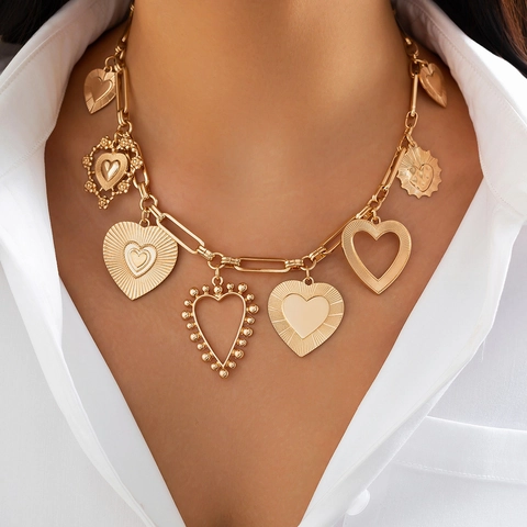 Vintage Alloy Enamel Heart Pendant Necklace Bracelet For Women Iron Aluminum Chain Rhinestone Multi Charm Sweet Cool Jewelry