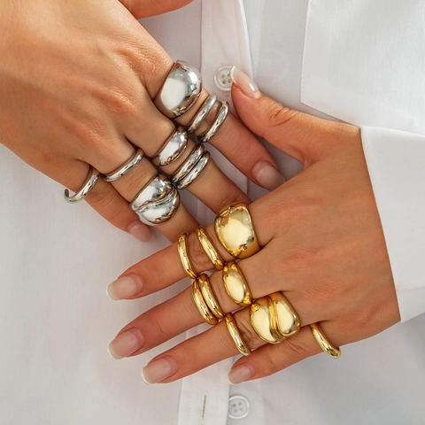 Hip Hop Irregular Metallic Rings For Women Zinc Alloy High Polished Chunky Double Layer Stackable Finger Rings Jewelry
