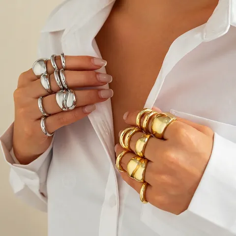 Hip Hop Irregular Metallic Rings For Women Zinc Alloy High Polished Chunky Double Layer Stackable Finger Rings Jewelry