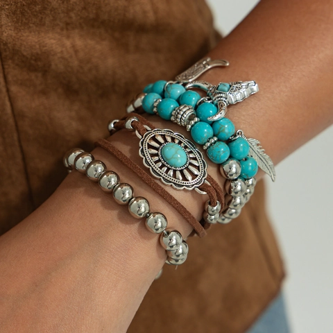 Bracciali Di Perline Bohemien Per Donne Lega Turchese Artificiale Cordino Scamosciato Multistrato Sovrapponibile Stile Cowboy Western Retro Etnico Gioielli Ciondoli