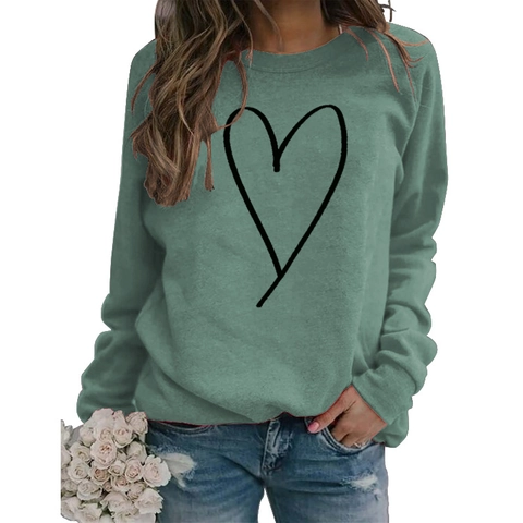 Women Sweatshirt Cotton Blend Long Sleeve Crew Neck Hand Drawn Line Heart Print Pullover Casual Streetwear Tops