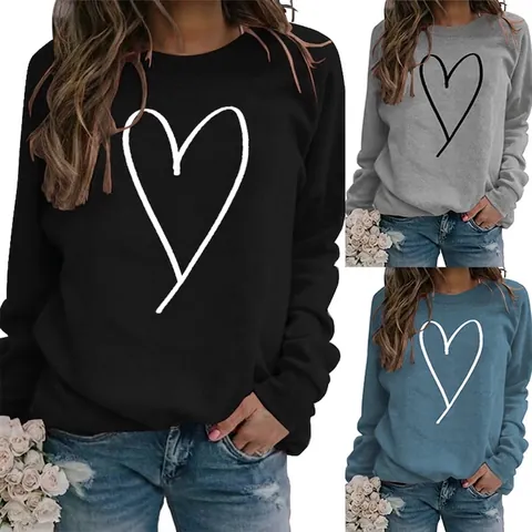 Women Sweatshirt Cotton Blend Long Sleeve Crew Neck Hand Drawn Line Heart Print Pullover Casual Streetwear Tops