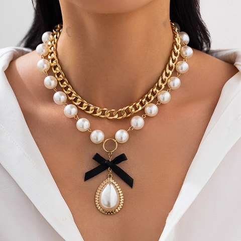 Double Layer Necklace Alloy Chain White Imitation Artificial Pearl Black Ribbon Bowknot Water Drop Pendant Retro Elegant Women