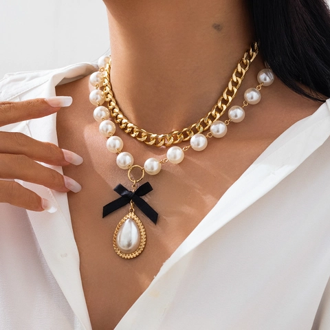 Double Layer Necklace Alloy Chain White Imitation Artificial Pearl Black Ribbon Bowknot Water Drop Pendant Retro Elegant Women