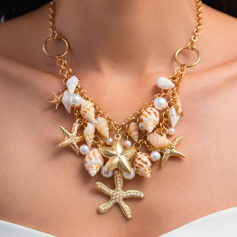 Bohemian Gold Alloy Seashell Conch Starfish Faux Artificial Pearl Necklace Bracelet Waist Chain Jewelry For Women Summer Beach