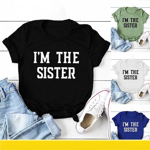 Women Casual Cotton Blend T-Shirt I'M THE SISTER Letter Print Short Sleeve Round Neck Knotted Hem Daily Top
