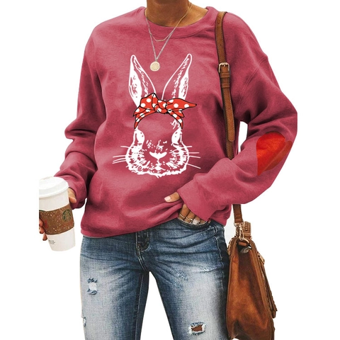 Felpa Donna Girocollo Misto Cotone Pullover Ampio Manica Lunga Simpatico Progetto Coniglio Fiocco Pois Toppa Cuore Casual