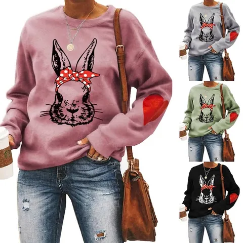 Felpa Donna Girocollo Misto Cotone Pullover Ampio Manica Lunga Simpatico Progetto Coniglio Fiocco Pois Toppa Cuore Casual
