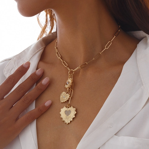 Luxus Legierung Strass Böser Blick Herz Anhänger Halskette Gold Silber Büroklammer Kette Schmuck Für Damen Party Hochzeit